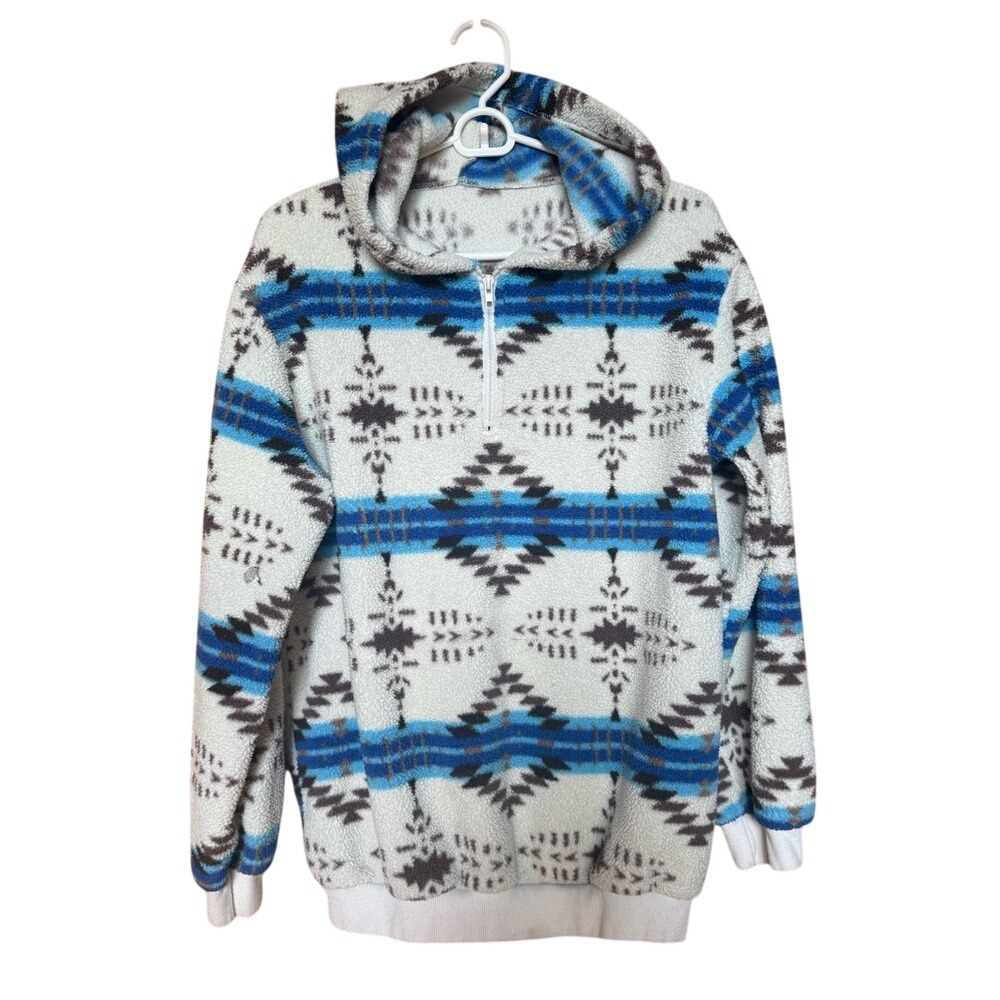 Women Southwestern Aztec Sherpa Hoodie Half Zip Fleece Pullover Blue Cream M